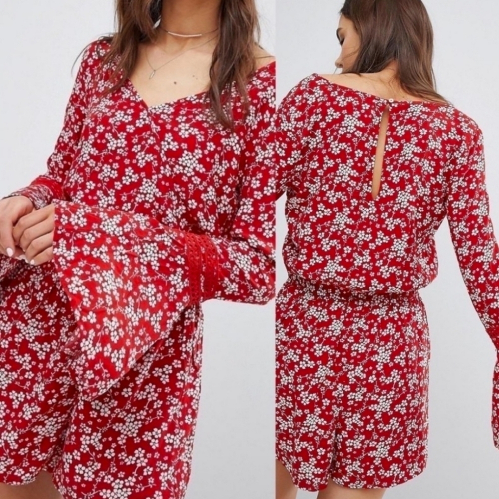 Hollister Red Floral Bell Sleeve Romper